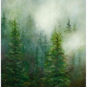 Foggy Forest Evergreen Tree Giclee Fine Art Print of Original Oil Painting - Small Wall Decor 8x10 - Farmhouse, Cabin, Lodge- Free Shipping