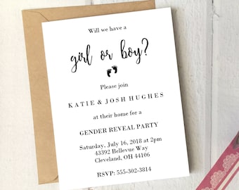Gender Reveal Party Invitation Girl or Boy Printable 5x7 Card / Instant Download / Gender Reveal Invite Simple DIY