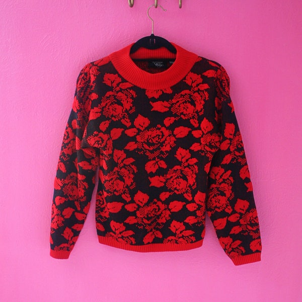 80s Red Roses Mock Turtleneck Pullover Sweater