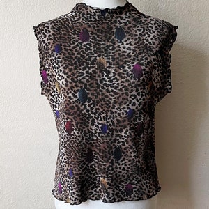 Vintage 90s Artsy Leopard Print and Multicolor Polka Dot Mockneck Ribbed Top