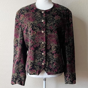 Vintage jaren 90 zwart en veelkleurig fluwelen jasje met ingewikkelde bloemenprint en knoopsluiting