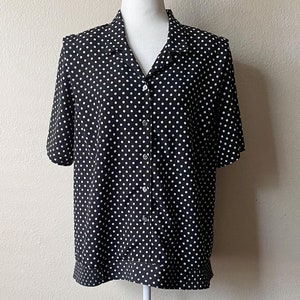Vintage 80s Black and White Polka Dot Button Down Collared Blouse