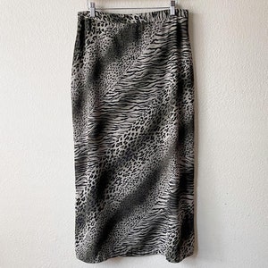 Vintage 90s Grunge Olive Green and Black Mixed Animal Print Maxi Skirt