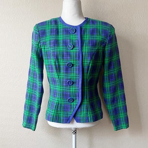 Vintage 80s/90s Bright Green Indigo and Black Plaid Fitted Blazer Jacket