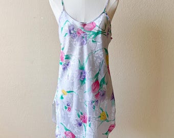 Y2K White and Multicolor Floral Print Satin Slip Dress