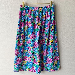 Vintage 90s Bright Multi Color Funky Floral Print Elastic Waist Midi Skirt
