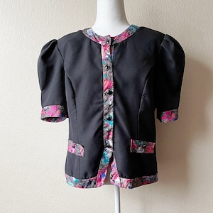 80s Vintage Black and Multicolor Floral Print Trimmed Puffy Sleeve Button Down Party Blouse