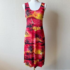 Vintage Y2K Rot und Gelb Neuheit Tropical Hawaiian Print Stretchy tailliertes Kleid