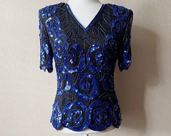 Vintage 80s Black and Blue Sequin and Beaded Abstract Floral Print Silk Formal Top