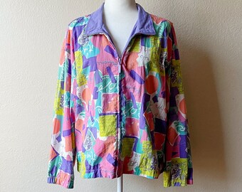 Vintage 90s/Y2K Lizwear Multicolor Pastel Abstract Print Zip Up Windbreaker