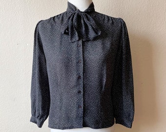 Vintage 90s Black and White Tiny Polka Dot Print Button Down Bowtie Blouse