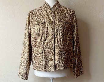 Y2K Chico's Glittery Glam Metallic Gold Leopard Print Button Down Denim Jacket