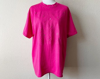 Vintage 90s Hot Pink and Gold Floral Embossed and Embellished T-Shirt