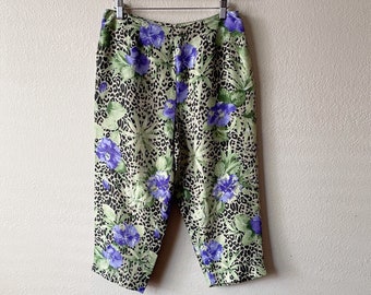 Vintage 90er / Y2K Seiden Capri Hose mit buntem Leoparden Muster