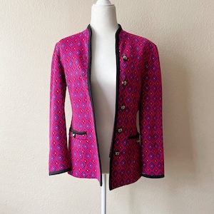 90s Vintage Fuchsia and Purple Bold Floral Graphic Print Button Down Fitted Blazer Jacket