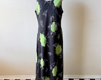 Vintage 90er Jahre Ärmelloses Maxi Kleid Schwarz Grün mit Blumenprint