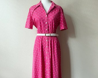 Vintage 80s/90s Liz Claiborne Hot Pink and White Square Print Button Down Collared Midi Dress with Pockets