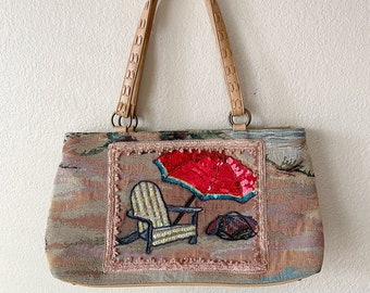 Y2K Novelty Tan and Multicolor Beach Chair Sequin Embellished Tapestry Shoulder Bag