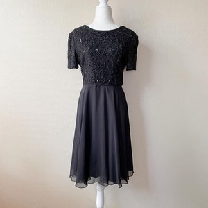 Vintage 90s Black Beaded and Sequin Intricate Floral Lace and Chiffon Semi-Formal Party Dress