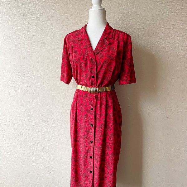 Vintage 80s/90s Liz Claiborne Red and Black Paisley Print Button Down Midi Dress