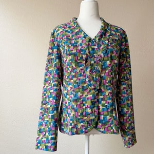 Vintage 80s/90s Colorful Square Print Button Down Bowtie Collar Secretary Blouse