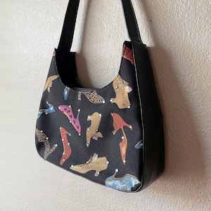 Y2K Black and Multicolor Novelty Shoe Print Bedazzled Vinyl Shoulder Bag
