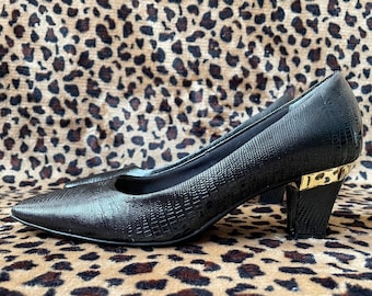 90s J. Renee Glam Black Textured Leather and Gold Metallic Heel Pumps Size 9