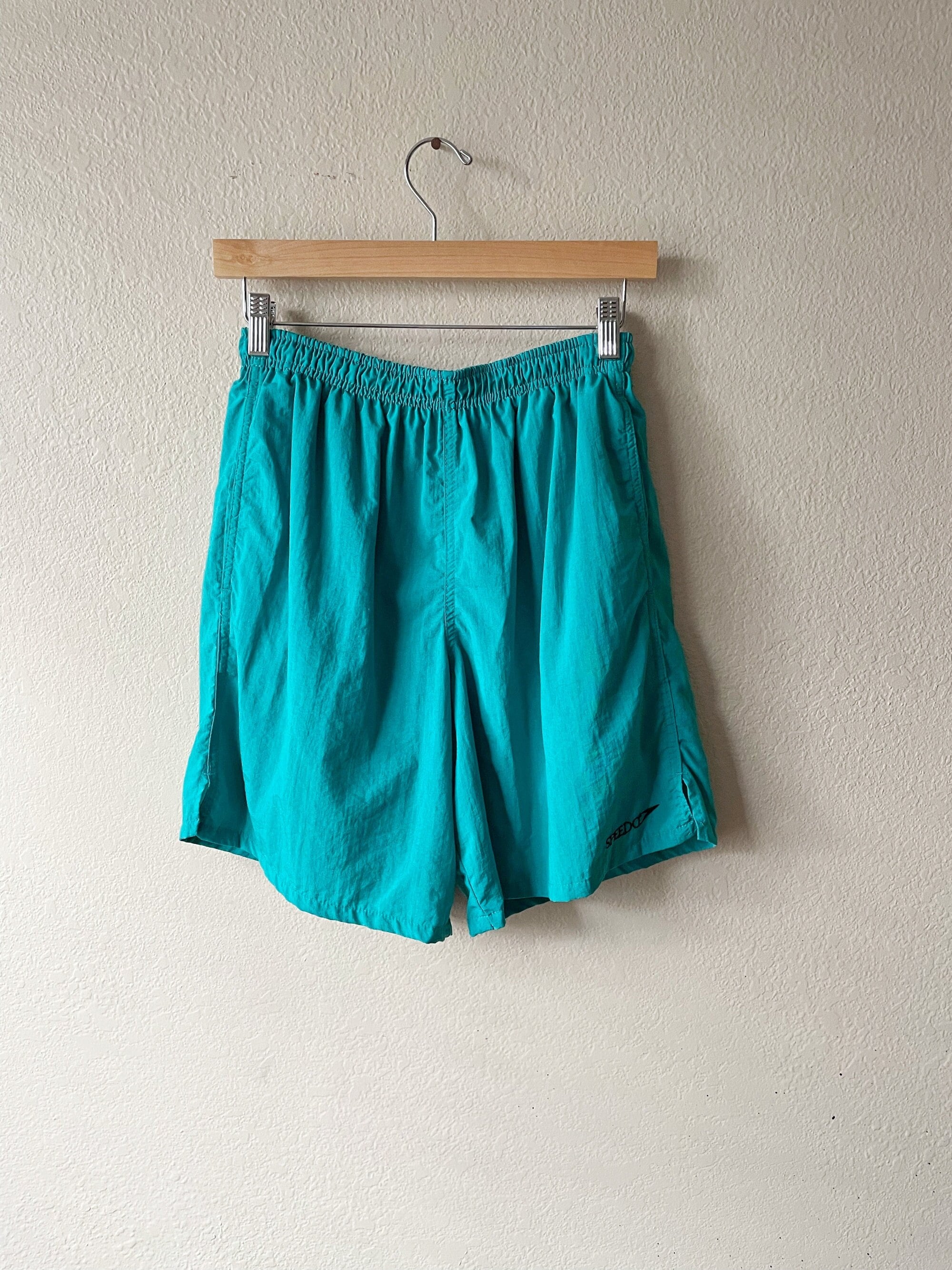 Vintage 90er Jahre Speedo Aqua Blau Bestickte Elastische Taille Badehose mit Taschen