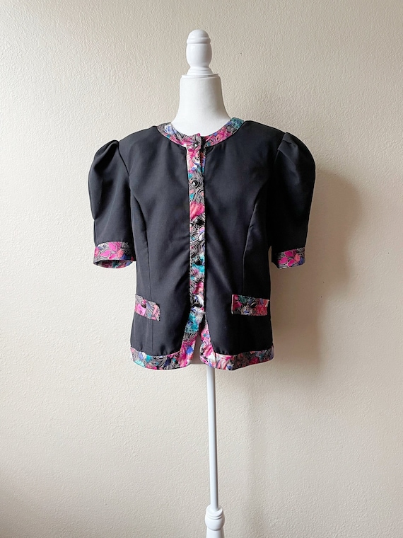 80s Vintage Black and Multicolor Floral Print Tri… - image 1