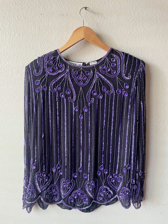 Vintage 80s/90s Black and Purple Beaded and Sequi… - image 3