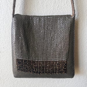 Vintage 90s Slate Brown Metallic Mesh Beaded Fringe Evening Bag