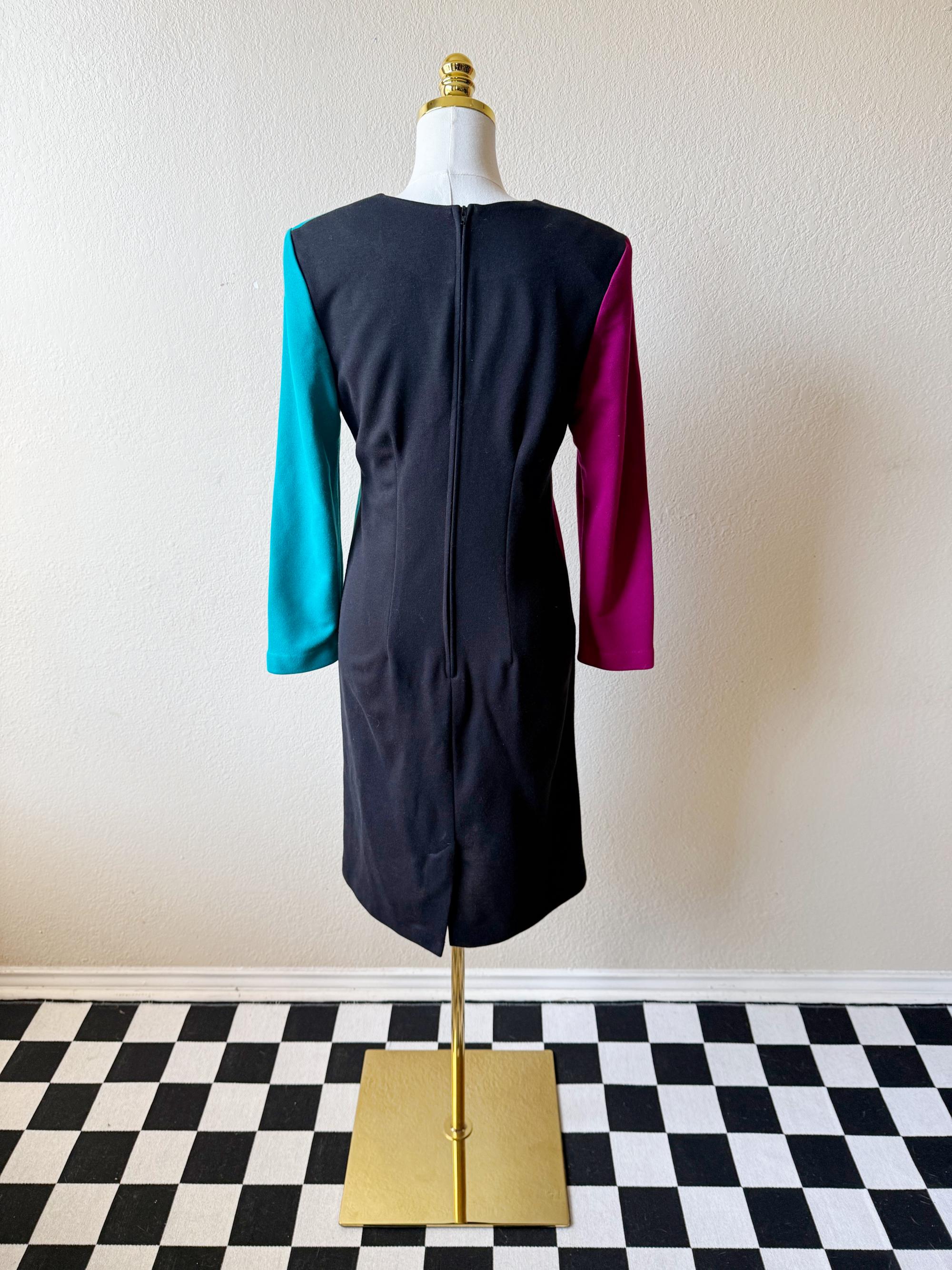 Vintage 80s/90s Solid Black and Multicolor Color Block Long Sleeve Dress