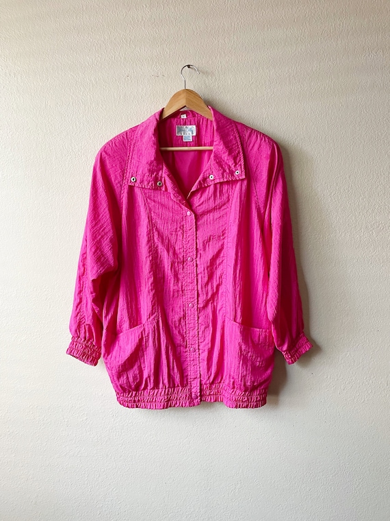 80s/90s Vintage Hot Pink Collared Snap Button Lon… - image 3