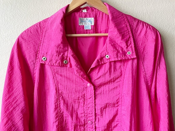 80s/90s Vintage Hot Pink Collared Snap Button Lon… - image 6