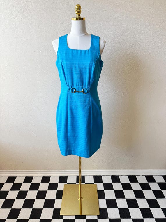 Vintage 90s Sky Blue Sleeveless Bodycon Dress with Gold Hardware