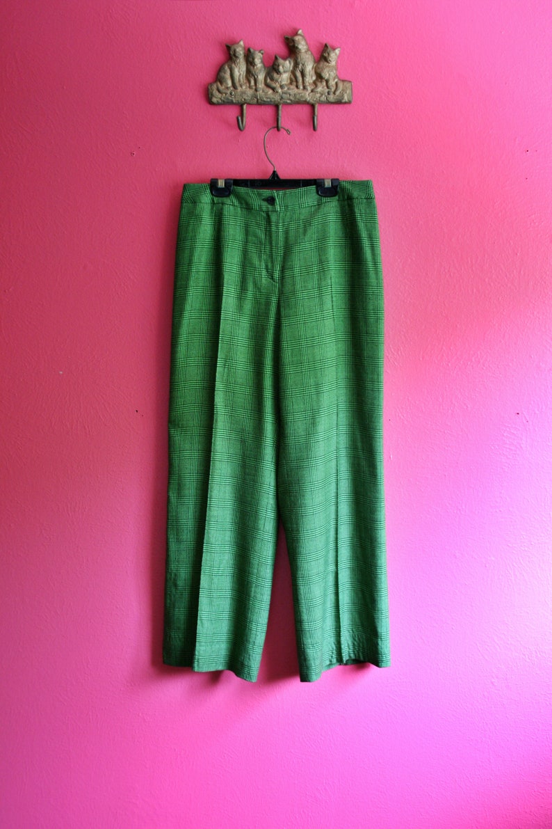 70s Vintage Green and Black Skater Punk Plaid High Rise Pants