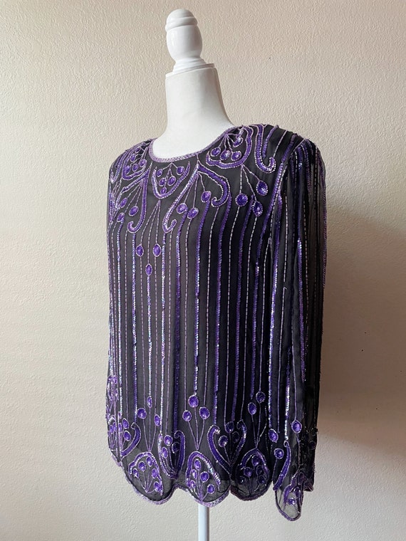 Vintage 80s/90s Black and Purple Beaded and Sequi… - image 5