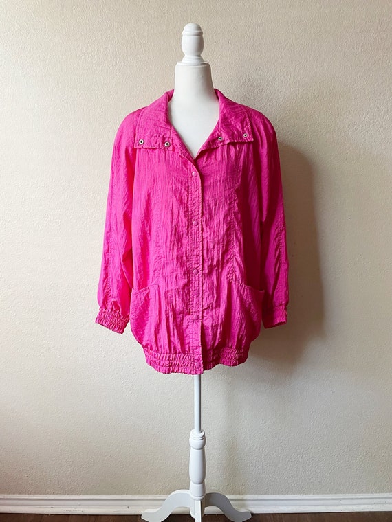 80s/90s Vintage Hot Pink Collared Snap Button Lon… - image 1