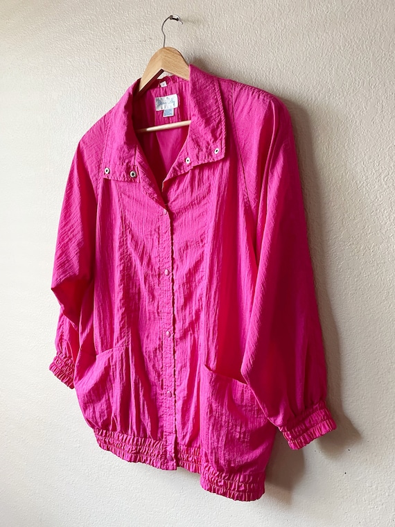 80s/90s Vintage Hot Pink Collared Snap Button Lon… - image 5