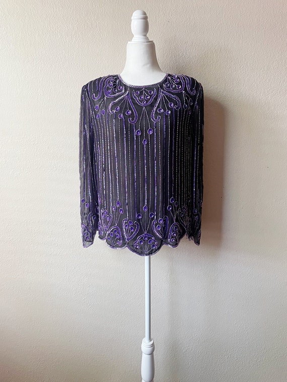 Vintage 80s/90s Black and Purple Beaded and Sequi… - image 1