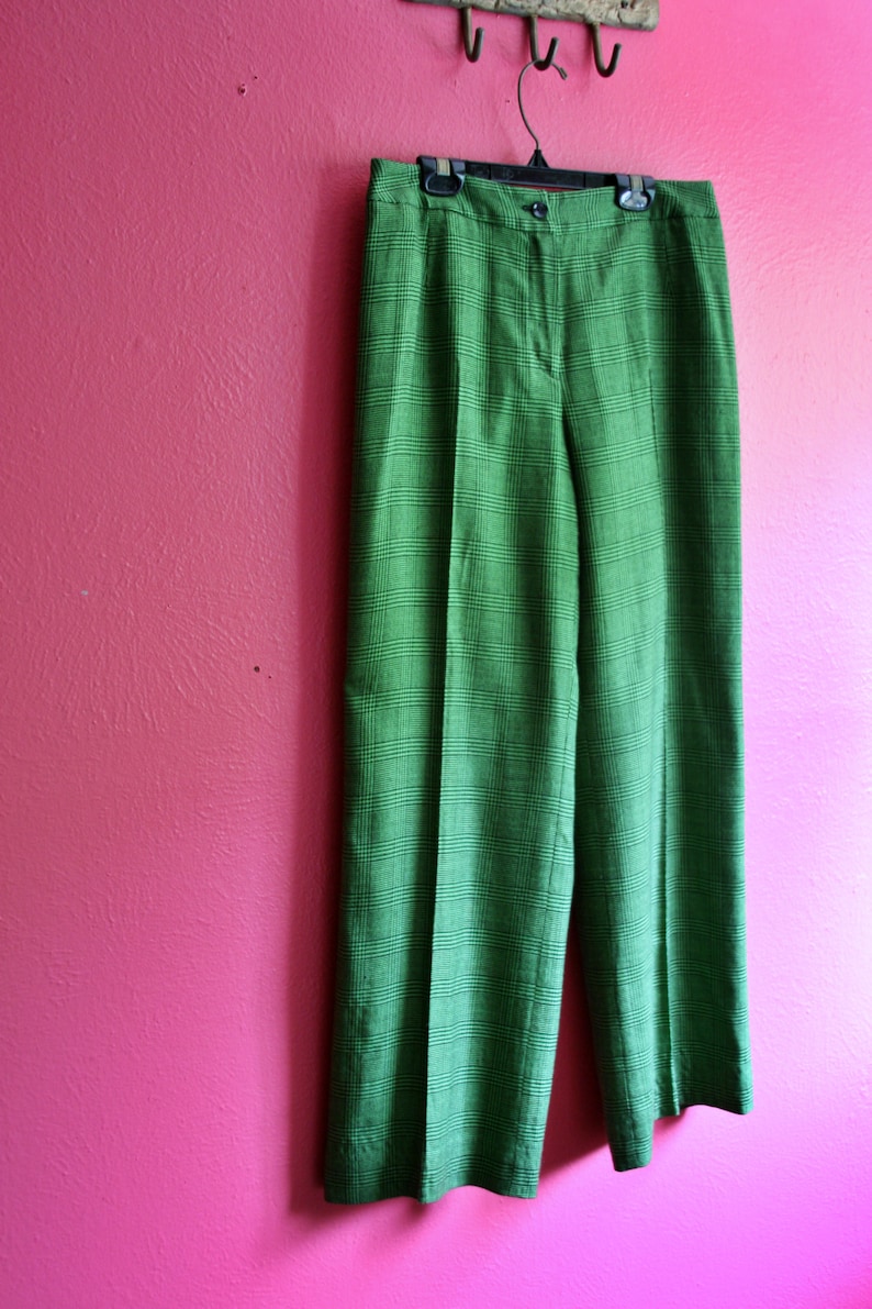 70s Vintage Green and Black Skater Punk Plaid High Rise Pants