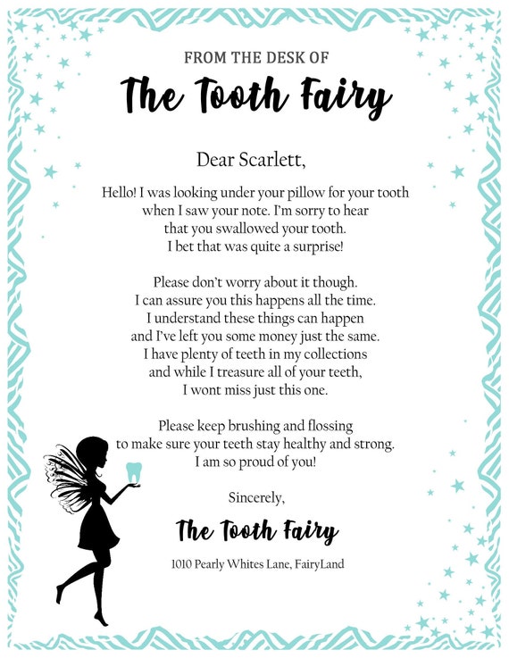 Tooth Fairy Letter Child Swallowed Tooth Letter From Tooth Etsy