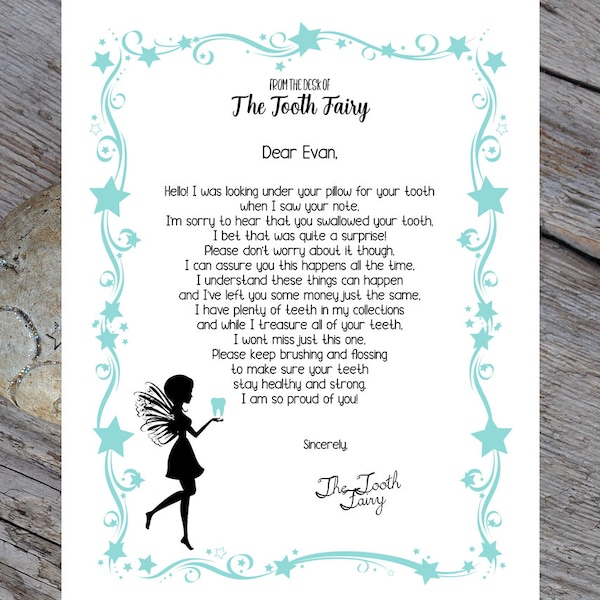 Tooth Fairy Letter- * Child swallowed tooth Letter from Tooth Fairy* INSTANT DOWNLOAD PDF