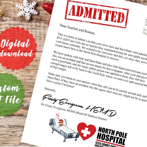 Elf touched- excuse letter from North Pole Hospital- IMMEDIATE DOWNLOAD- EDITABLE