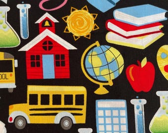 Back to School Cotton Fabric: Fun Pencil, Apple, Crayon Print