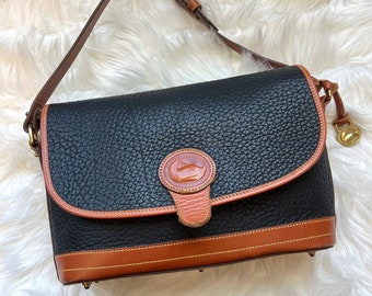 Dooney & Bourke Vintage Navy Blue and Tan Shoulder Bag Flap Bag RARE