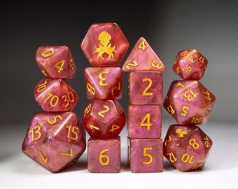 Antimatter Pink Shimmer 14pc Gold Ink Dice Set / Kraken Dice DND Juegos de rol Juego de dados para mazmorras y dragones / Resin DnD Dice Set