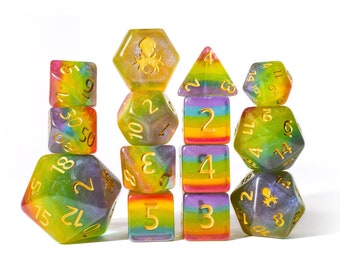 Mystic Rainbow 14pc Gold Ink Dice Set With Kraken Logo for TTRPGs | DND Role Playing games Dice Set for Dungeons & Dragons