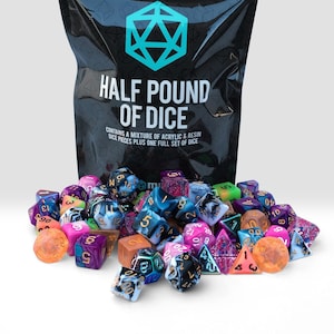 Kraken Dice has gone through over 600 Dice Market dice sets to bring you a REAL HALF POUND of Dice with full sets! Each bag has a mixture of Resin and Acrylic dice sets. Each bag contains a minimum of 8 complete Dice Market sets.