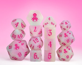 Wednesdays 14pc Glow in the Dark Dice Set with Pink Ink